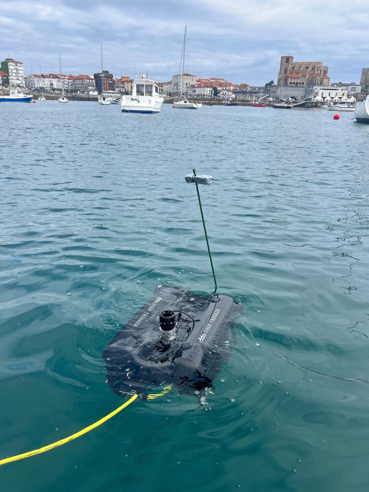 ROV deployed at the water surface for underwater environmental monitoring and inspection activities.